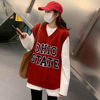 Long-sleeve Plain T-shirt / Letter Embroidered Sweater Vest