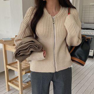 Rib-knit Zip-up Cardigan