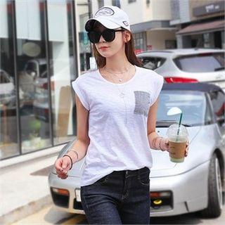 Cuff-sleeve Striped-pocket Top