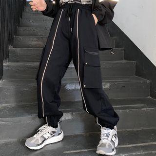Drawstring Waist Piping Trim Side Pocket Cargo Pants