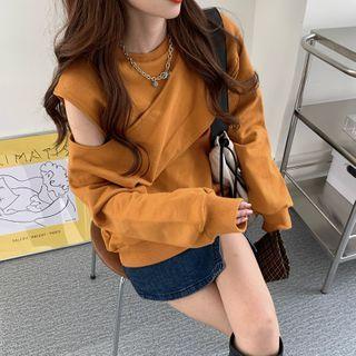 Long-sleeve Cutout Plain Sweatshirt As Shown In Figure - One Size