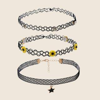 Set Of 3: Fishing Line Choker (various Designs) Set Of 3 - Yellow Flower - Black - One Size