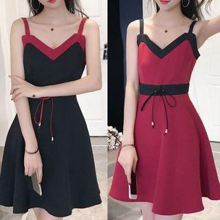 Spaghetti Strap Color Block Mini A-line Dress