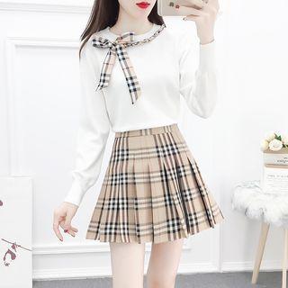 Set: Bow-accent Knit Top + Check Pleated Skirt
