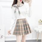 Set: Bow-accent Knit Top + Check Pleated Skirt