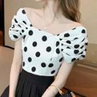 Puff-sleeve Dotted Cropped Blouse / Plain Mini A-line Skirt