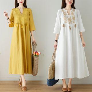 3/4-sleeve Embroidered Tasseled Midi Shift Dress