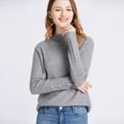 Long Sleeve Mock Neck Button Accent Ribbed Knit Top