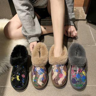 Fluffy Trim Print Ankle Snow Boots