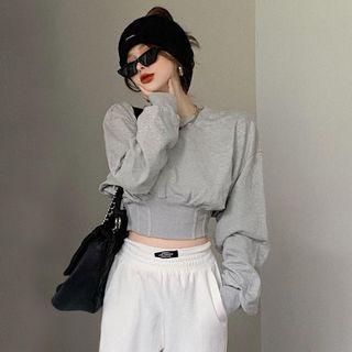Long-sleeve Plain Cropped Sweatshirt / High-waist Wide-leg Jogger Pants