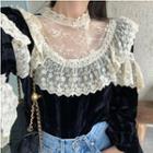 Lace Long-sleeve Velvet Top As Figure - One Size