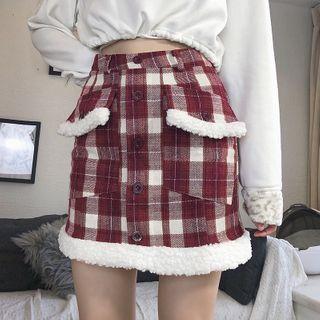 Plaid Fleece Trim Mini Fitted Skirt