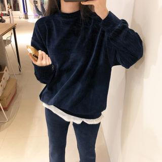 Set: Mock-neck Velvet Top + Band-waist Pants