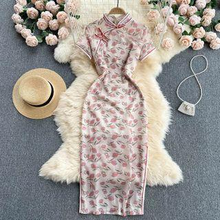 Stand-collar Slit Print Short-sleeve Qipao