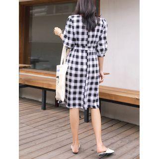 Balloon-sleeve Gingham Dress With Sash