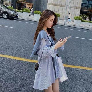 Long Sleeve Striped Mini Shirtdress / Plain Shawl / Set