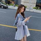 Long Sleeve Striped Mini Shirtdress / Plain Shawl / Set