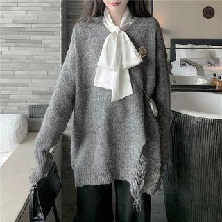 Distressed Sweater / Bow-neck Blouse