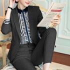 Mini Pencil Skirt / Striped Shirt / Slim-fit Dress Pants / Single-buttoned Blazer