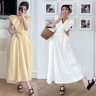 Sleeveless V-neck Ruffle Plain Dress