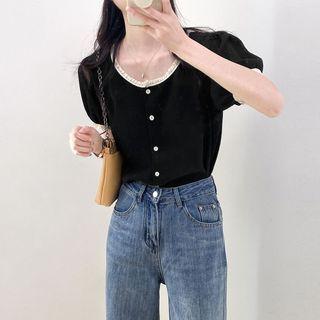 Two Tone Lace Ruffle Button-up Top Black - One Size