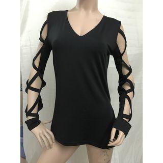 Cutout Side-slit Long-sleeve T-shirt