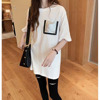 Elbow-sleeve Sequined Paneled Pocket T-shirt