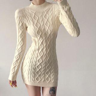 Long Sleeve Mock Neck Open-back Cable-knit Mini Dress