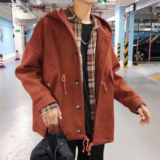 Hooded Drawstring Waist Single-breasted Coat