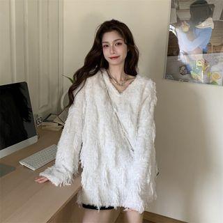 Plain Fringe Long-sleeve Sweatshirt White - One Size