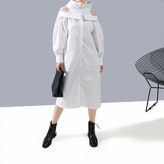 Long-sleeve Mesh Panel Midi Shirtdress
