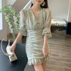 Long-sleeve V-neck Ruched Floral Dress Light Green - One Size