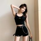 Letter Embroidered Cropped Camisole Top / Grommet Belt / Shorts