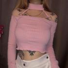 Long-sleeve Rib-knit Cropped Choker Top
