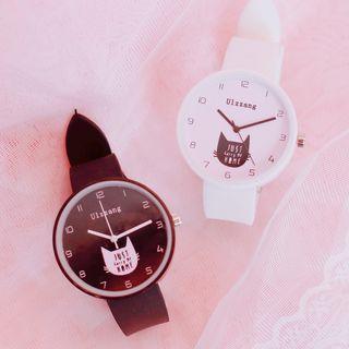 Set: Cat Print Silicone Strap Watch + Beaded Bracelet