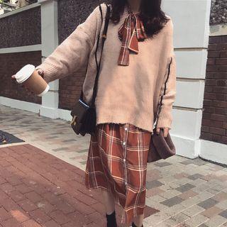 Tie-neck Plaid Long-sleeve Midi Dress / Oversize Sweater