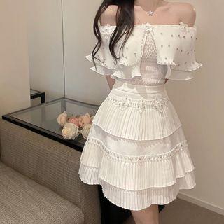 Set: Off-shoulder Rhinestone Top + A-line Skirt