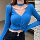 Choker-neck Long-sleeve Knotted T-shirt