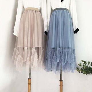 Asymmetric Mesh Overlay A-line Midi Skirt