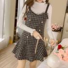 Set: Frill-trim Knit Top + Sleeveless Mini A-line Tweed Dress