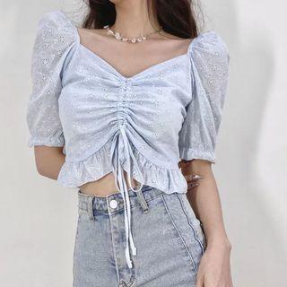 Short-sleeve V-neck Ruffle-trim Drawstring Crop Top