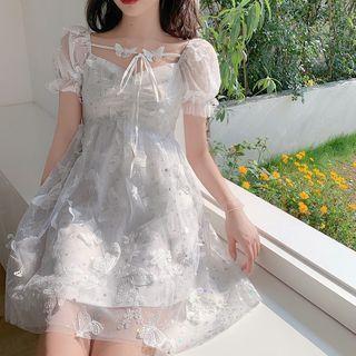 Puff Short-sleeve A-line Lace Mini Dress