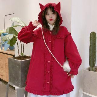 Ruffled Single-breasted Hooded Coat Red - One Size