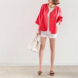 3/4-sleeve Zip-up Linen Blend Jacket