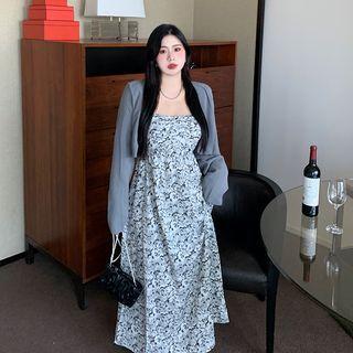 Strapless Floral Print Midi A-line Dress / Cardigan