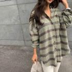 Oversize Plaid Flannel Shirt Mint Green - One Size