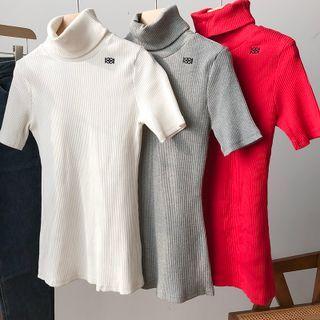 Turtleneck Short-sleeve Ribbed Knit Top
