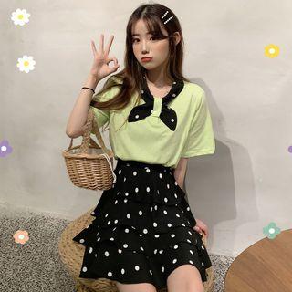 Set: Short-sleeve Top + Dotted Mini Tiered Skirt T-shirt - Green & Dress - Dot - One Size