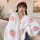 Puff-sleeve Strawberry Chunky Knit Cardigan Pink Strawberry - White - One Size