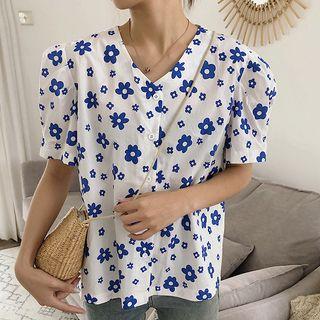 Short-sleeve Flower Print Buttoned Top